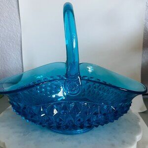Vtg Aqua Turquoise Blue Tiera Indiana Glass Basket Diamond Point Large Glows